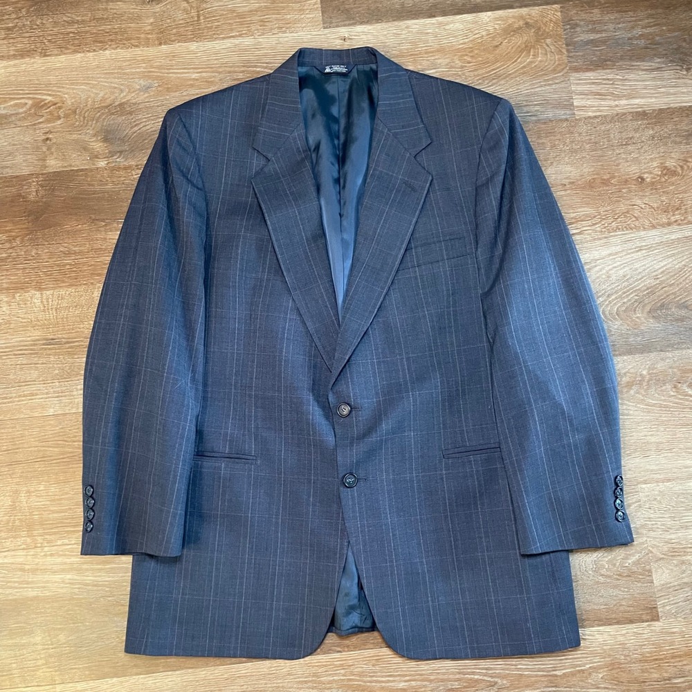Kuppenheimer Mens Grey Windowpane Plaid Blazer Union Made USA Vintage Sport Coat